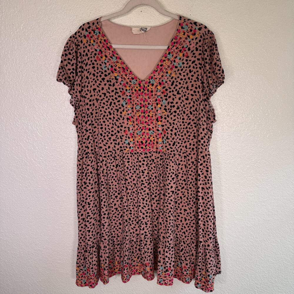 Savanna Jane Dress Womens 1X Embroidered Leopard Western Boho Flowy Plus Size